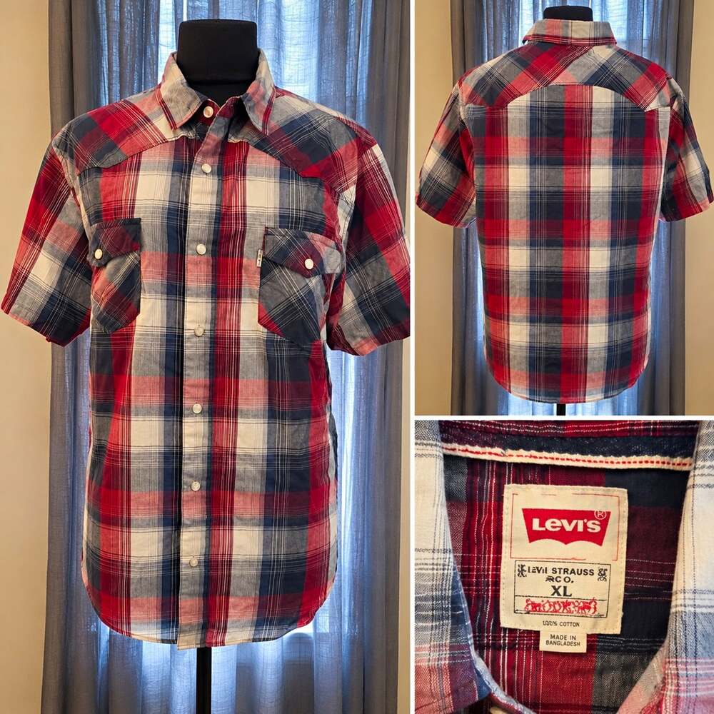 Levi's Men's XL Red/Blue/White Plaid Short Sleeve Button-Up Point Collar Shirt